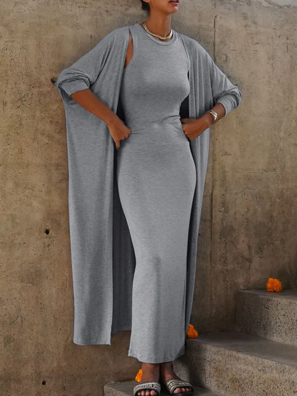 Long Sleeves Solid Color Round-Neck Inner Dress + Bodycon Outerwear Two Pieces Set - Image 3