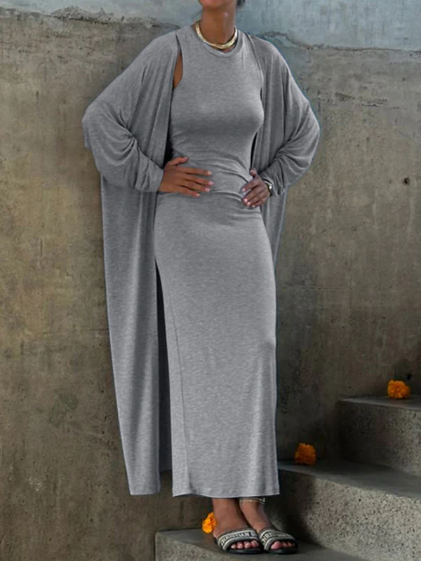 Long Sleeves Solid Color Round-Neck Inner Dress + Bodycon Outerwear Two Pieces Set - Image 4