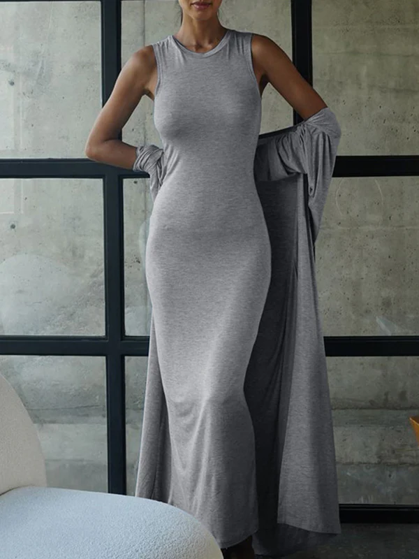 Long Sleeves Solid Color Round-Neck Inner Dress + Bodycon Outerwear Two Pieces Set - Image 7