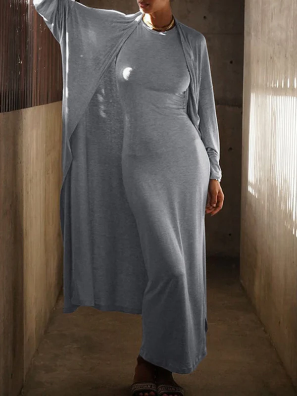 Long Sleeves Solid Color Round-Neck Inner Dress + Bodycon Outerwear Two Pieces Set - Image 8