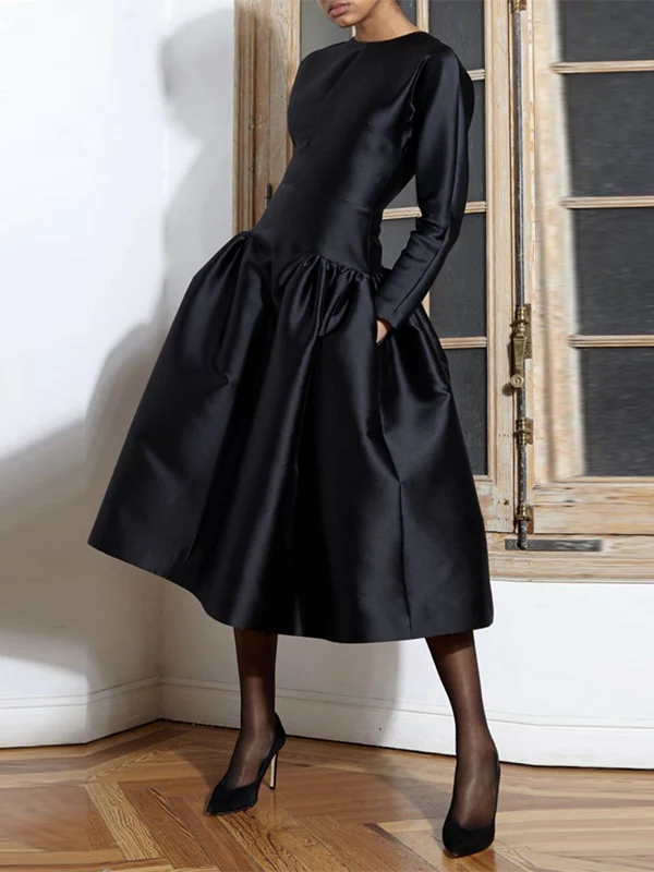 Long Sleeves Solid Color Round-Neck Midi Dresses - Image 2