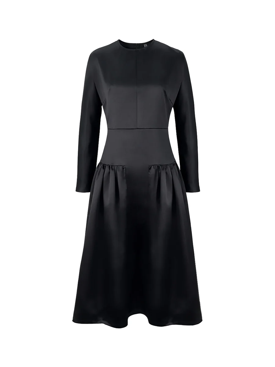 Long Sleeves Solid Color Round-Neck Midi Dresses - Image 5