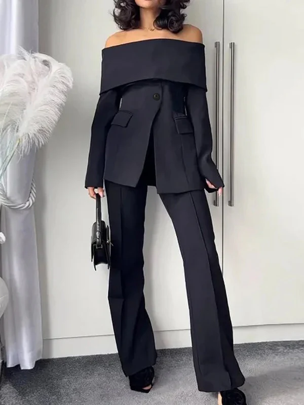 Long Sleeves Solid Color Split-Front Split-Joint Off-The-Shoulder Blazer - Image 2