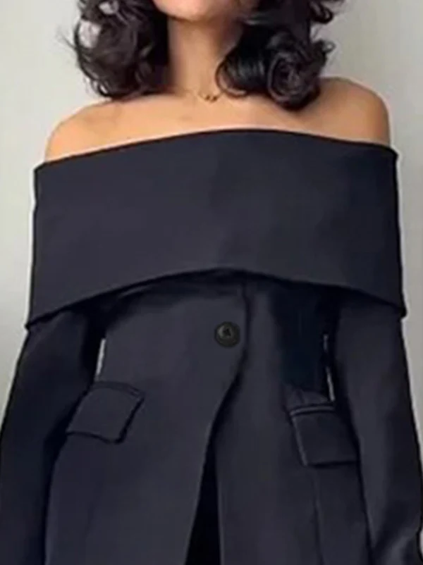 Long Sleeves Solid Color Split-Front Split-Joint Off-The-Shoulder Blazer - Image 3