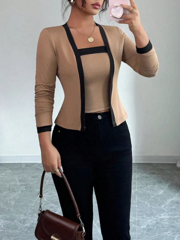 Long Sleeves Solid Color Split-Joint Collarless Two Pieces Set - Image 2