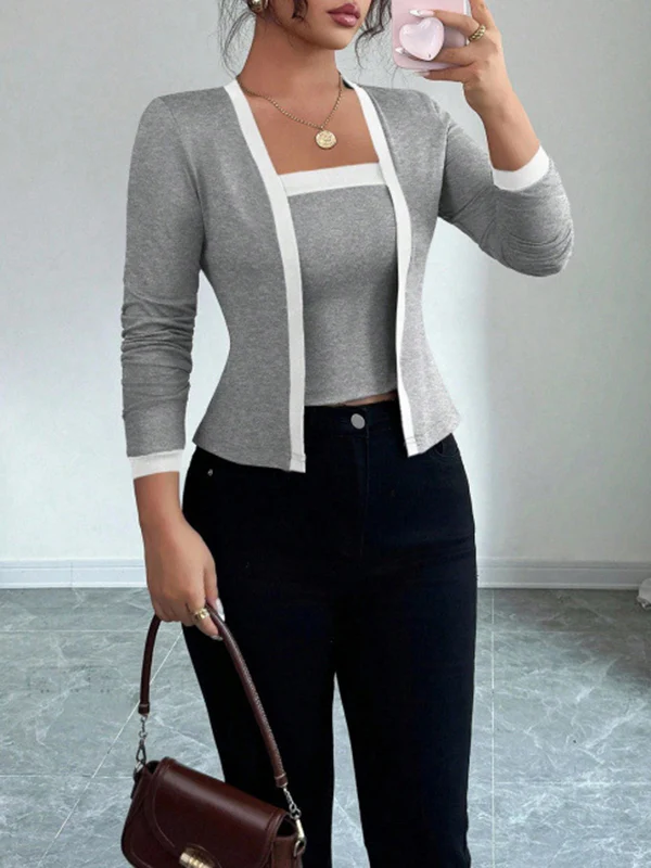 Long Sleeves Solid Color Split-Joint Collarless Two Pieces Set - Image 3