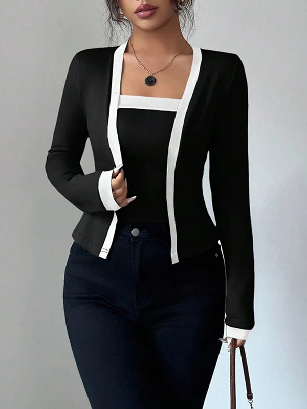 Long Sleeves Solid Color Split-Joint Collarless Two Pieces Set - Image 4