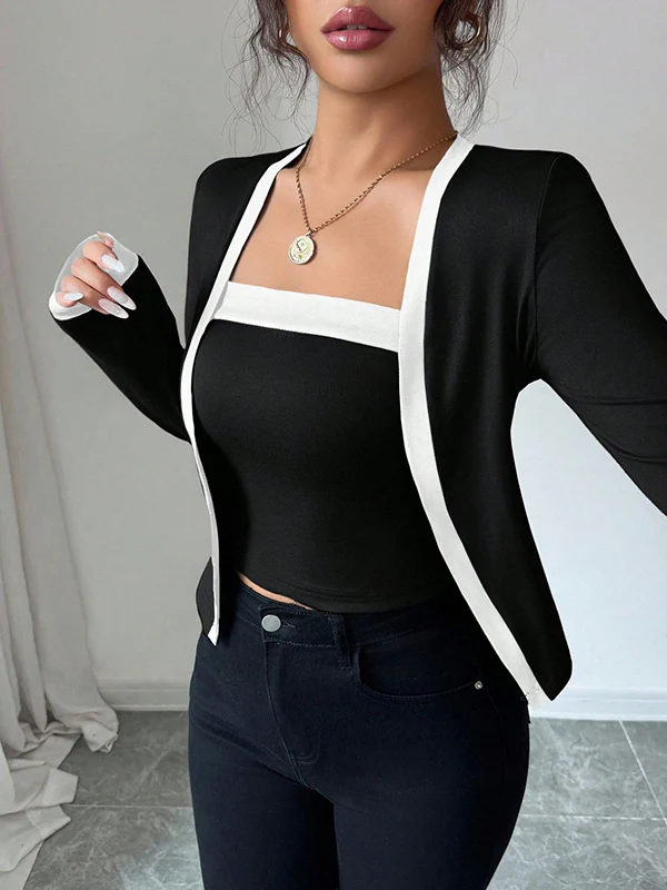 Long Sleeves Solid Color Split-Joint Collarless Two Pieces Set - Image 5
