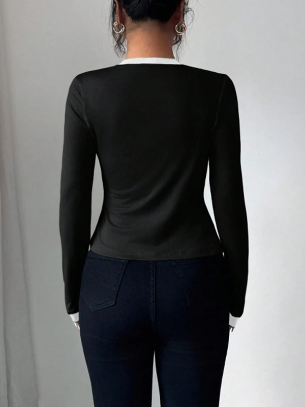Long Sleeves Solid Color Split-Joint Collarless Two Pieces Set - Image 6