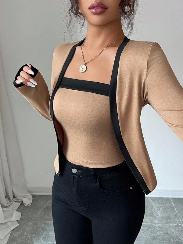 Long Sleeves Solid Color Split-Joint Collarless Two Pieces Set - Image 7