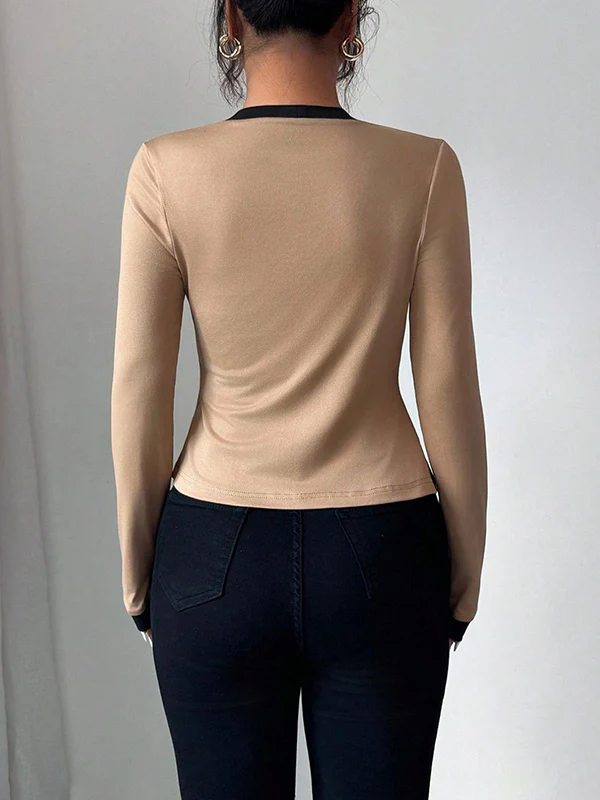 Long Sleeves Solid Color Split-Joint Collarless Two Pieces Set - Image 8