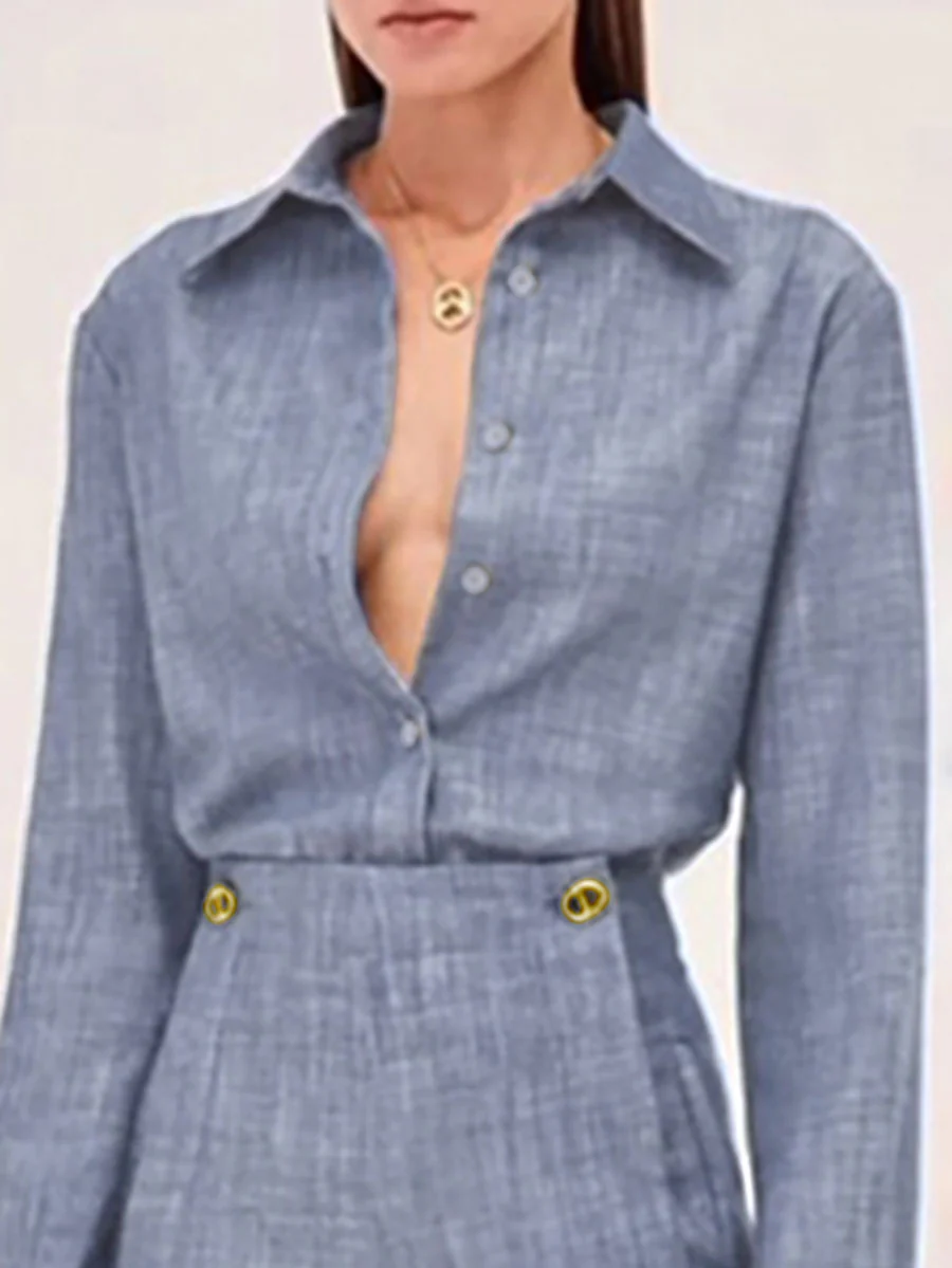 Long Sleeves Solid Color Split-Joint Lapel Blouses&Shirts Tops - Image 2