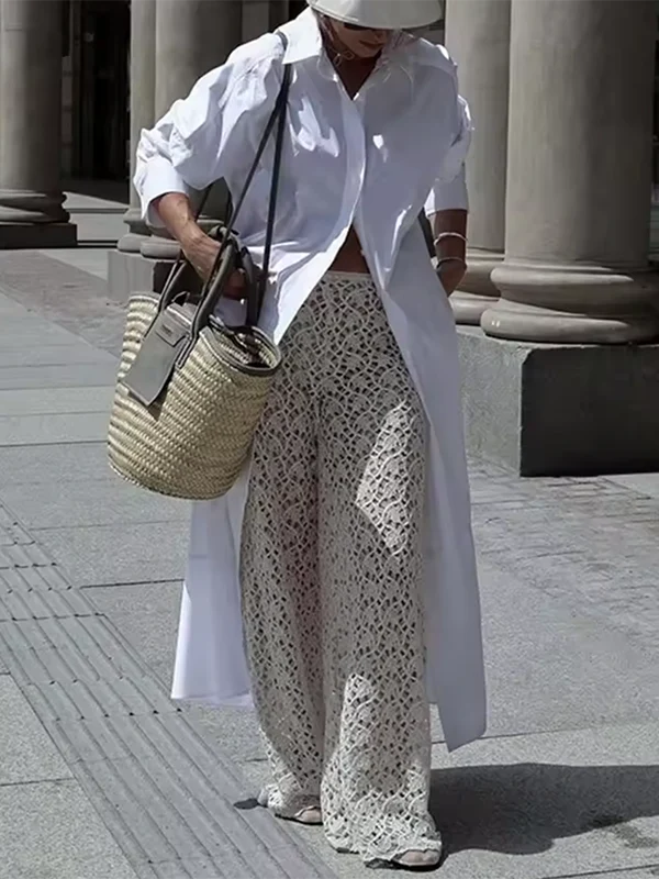 Long Sleeves Solid Color Split-Joint Lapel Maxi Dresses Shirt Dress - Image 2