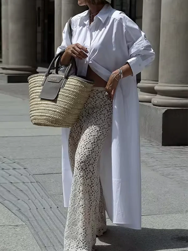 Long Sleeves Solid Color Split-Joint Lapel Maxi Dresses Shirt Dress - Image 3