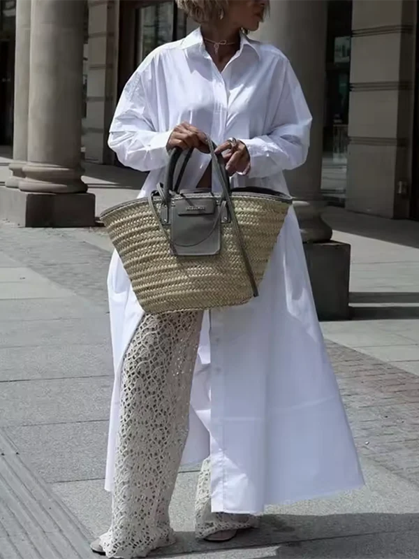 Long Sleeves Solid Color Split-Joint Lapel Maxi Dresses Shirt Dress - Image 4