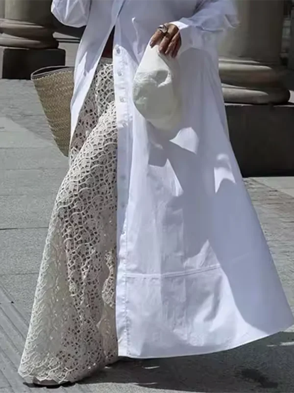 Long Sleeves Solid Color Split-Joint Lapel Maxi Dresses Shirt Dress - Image 5