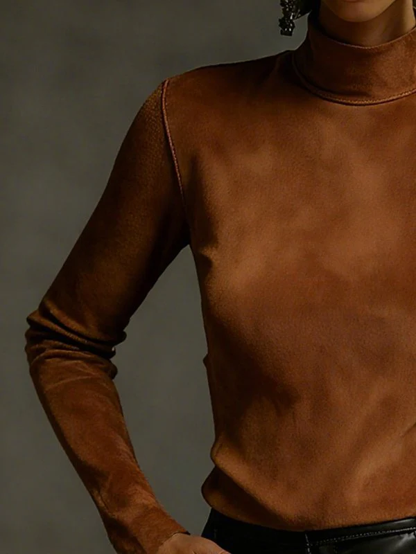 Long Sleeves Solid Color Split-Joint Mock Neck T-Shirts Tops - Image 3