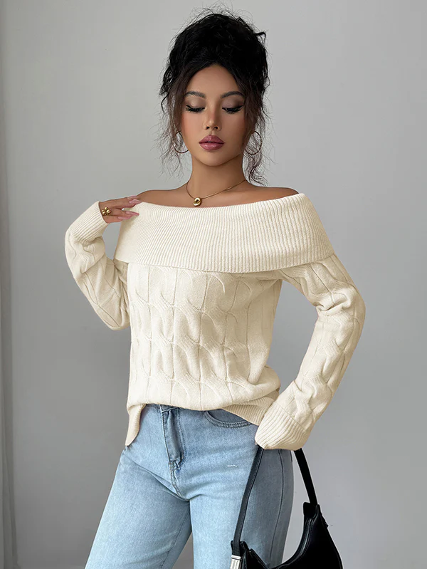 Long Sleeves Solid Color Split-Joint Off-The-Shoulder Pullovers Sweater Tops - Image 10