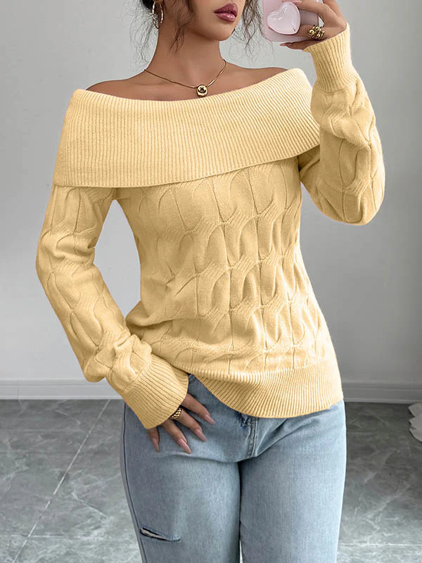 Long Sleeves Solid Color Split-Joint Off-The-Shoulder Pullovers Sweater Tops - Image 2