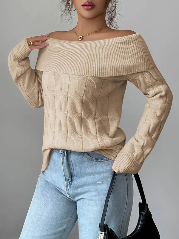 Long Sleeves Solid Color Split-Joint Off-The-Shoulder Pullovers Sweater Tops - Image 3