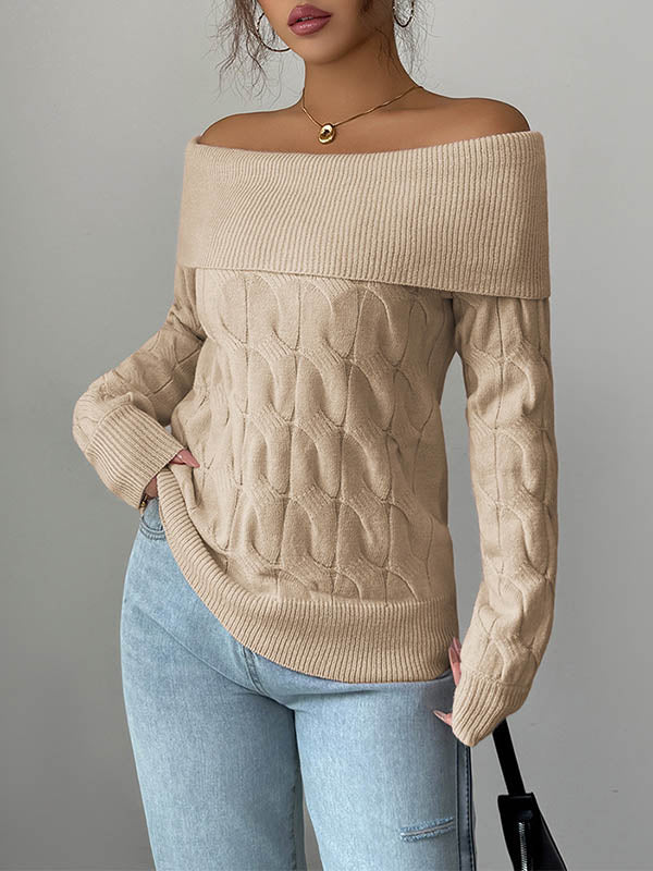 Long Sleeves Solid Color Split-Joint Off-The-Shoulder Pullovers Sweater Tops - Image 4