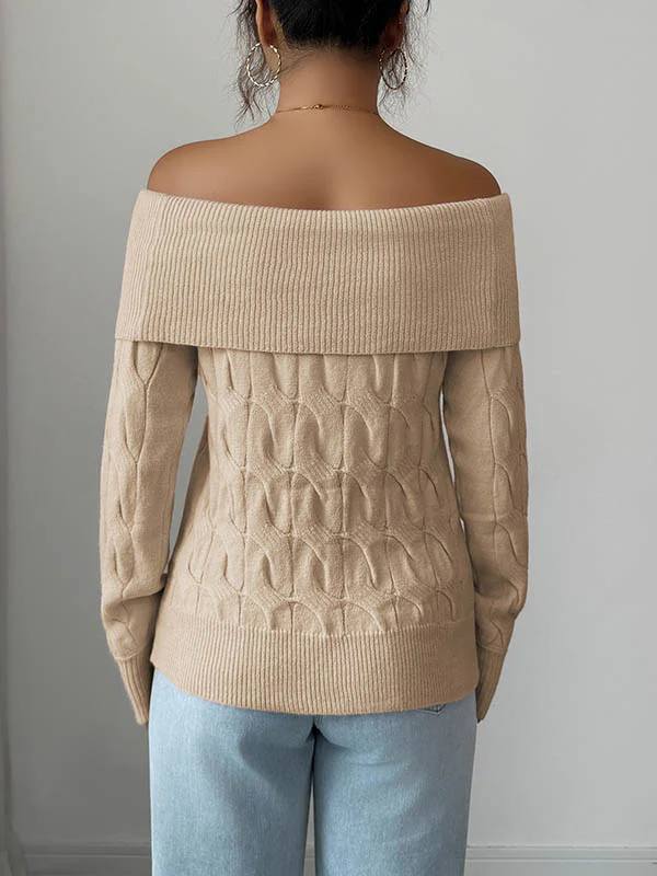 Long Sleeves Solid Color Split-Joint Off-The-Shoulder Pullovers Sweater Tops - Image 5