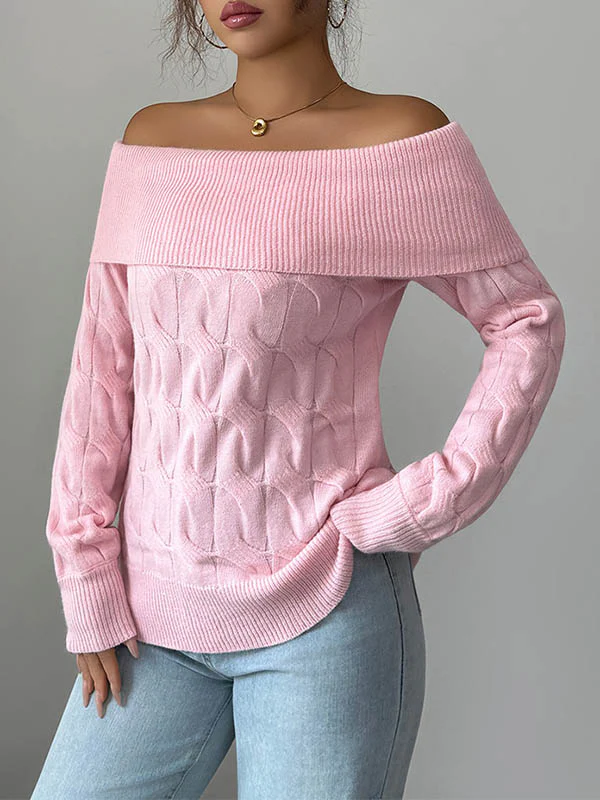 Long Sleeves Solid Color Split-Joint Off-The-Shoulder Pullovers Sweater Tops - Image 6