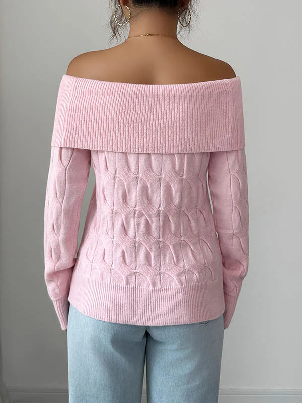 Long Sleeves Solid Color Split-Joint Off-The-Shoulder Pullovers Sweater Tops - Image 7