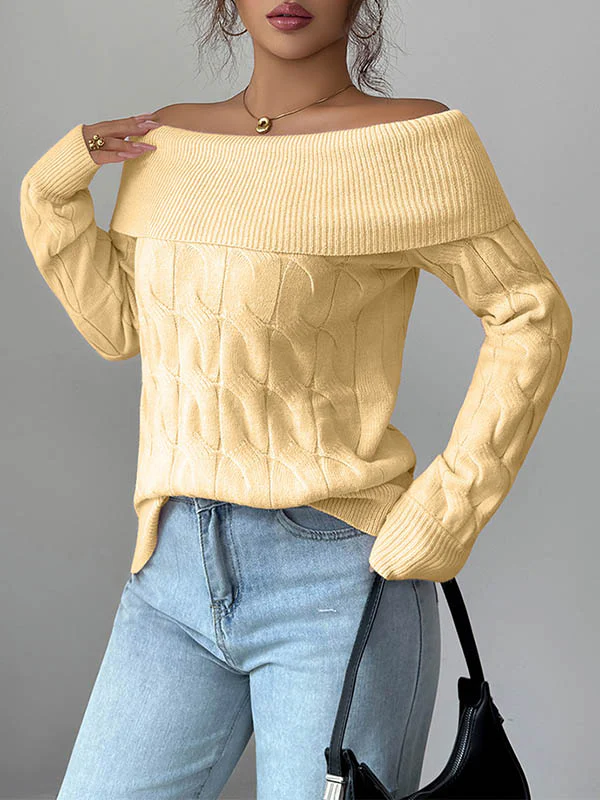 Long Sleeves Solid Color Split-Joint Off-The-Shoulder Pullovers Sweater Tops - Image 8