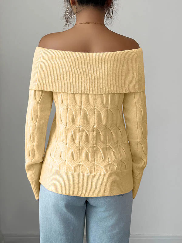 Long Sleeves Solid Color Split-Joint Off-The-Shoulder Pullovers Sweater Tops - Image 9