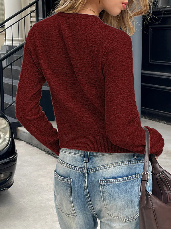 Long Sleeves Solid Color Split-Joint Round-Neck Pullovers Sweater Tops - Image 12