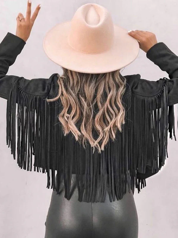 Long Sleeves Solid Color Split-Joint Tasseled Notched Collar Jackets - Image 11