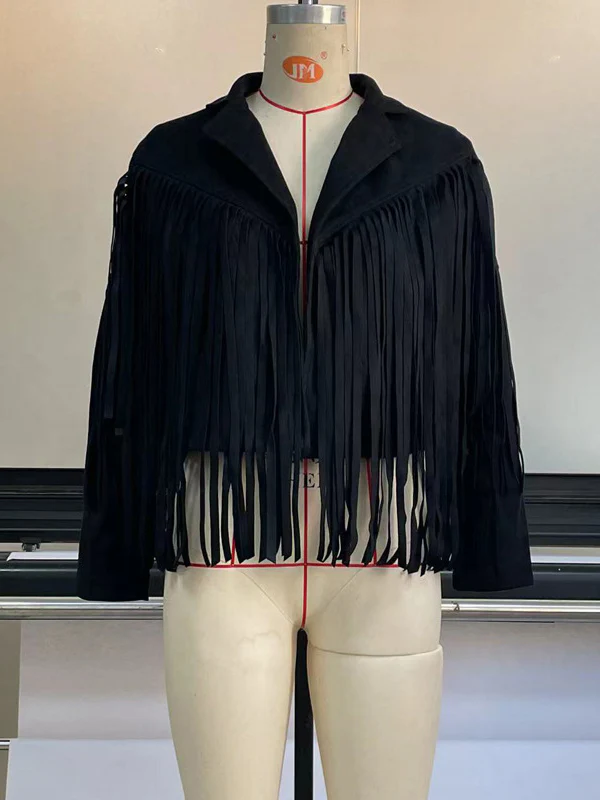 Long Sleeves Solid Color Split-Joint Tasseled Notched Collar Jackets - Image 12