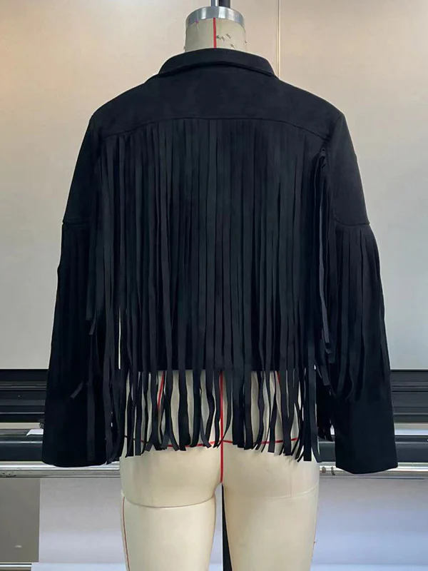 Long Sleeves Solid Color Split-Joint Tasseled Notched Collar Jackets - Image 13