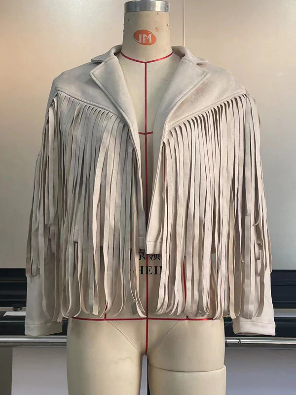 Long Sleeves Solid Color Split-Joint Tasseled Notched Collar Jackets - Image 16