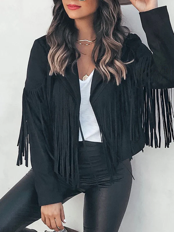 Long Sleeves Solid Color Split-Joint Tasseled Notched Collar Jackets - Image 2