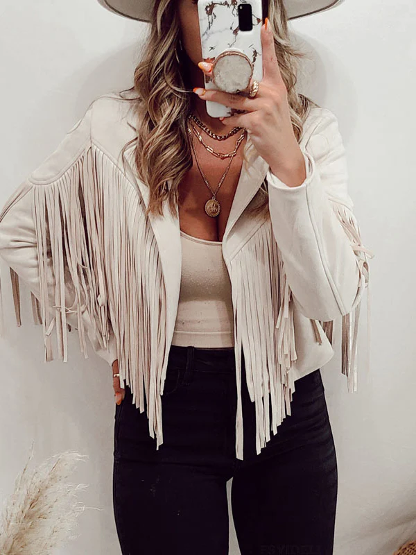 Long Sleeves Solid Color Split-Joint Tasseled Notched Collar Jackets - Image 3