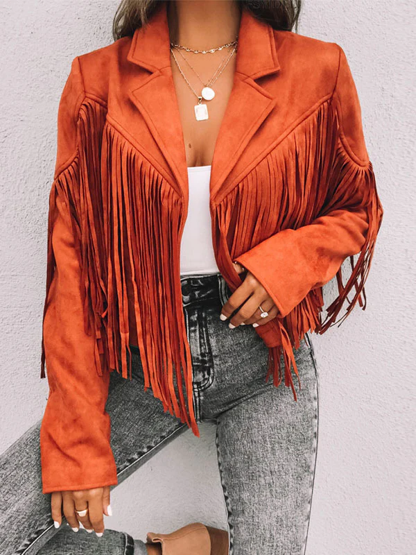 Long Sleeves Solid Color Split-Joint Tasseled Notched Collar Jackets - Image 7