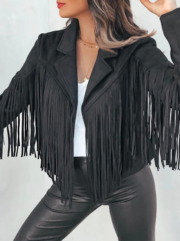 Long Sleeves Solid Color Split-Joint Tasseled Notched Collar Jackets - Image 9