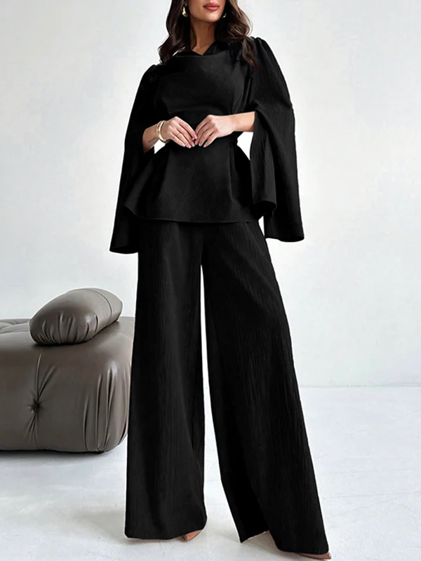 Long Sleeves Solid Color Split-Joint Tied Waist V-Neck Blouses&Shirts Tops - Image 3