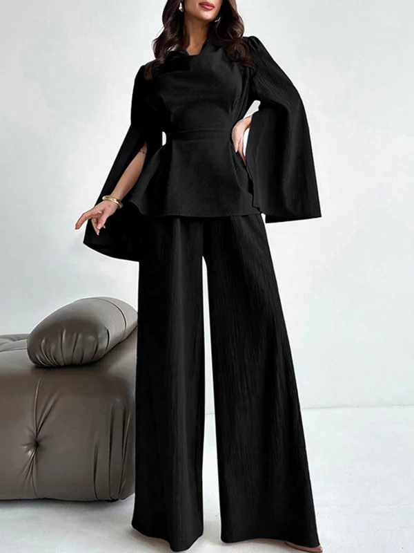 Long Sleeves Solid Color Split-Joint Tied Waist V-Neck Blouses&Shirts Tops - Image 4
