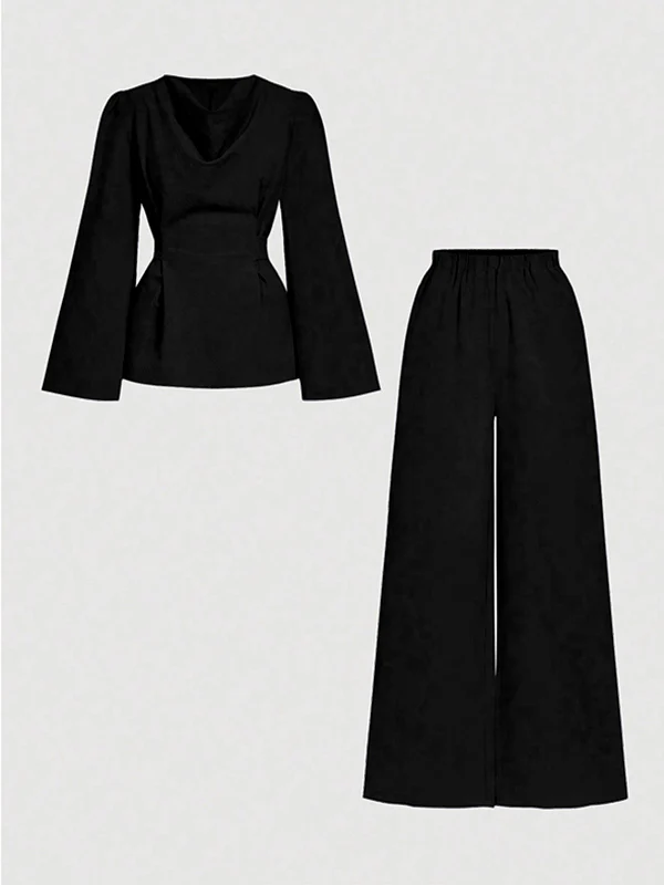 Long Sleeves Solid Color Split-Joint Tied Waist V-Neck Blouses&Shirts Tops - Image 8