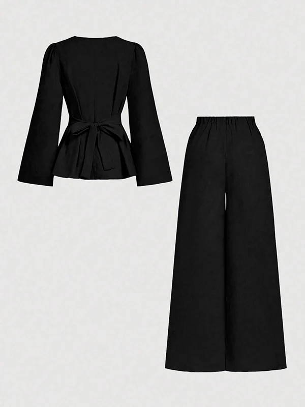 Long Sleeves Solid Color Split-Joint Tied Waist V-Neck Blouses&Shirts Tops - Image 9