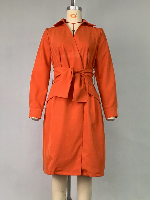Long Sleeves Solid Color Tied Waist Deep V-Neck Mini Dresses - Image 4