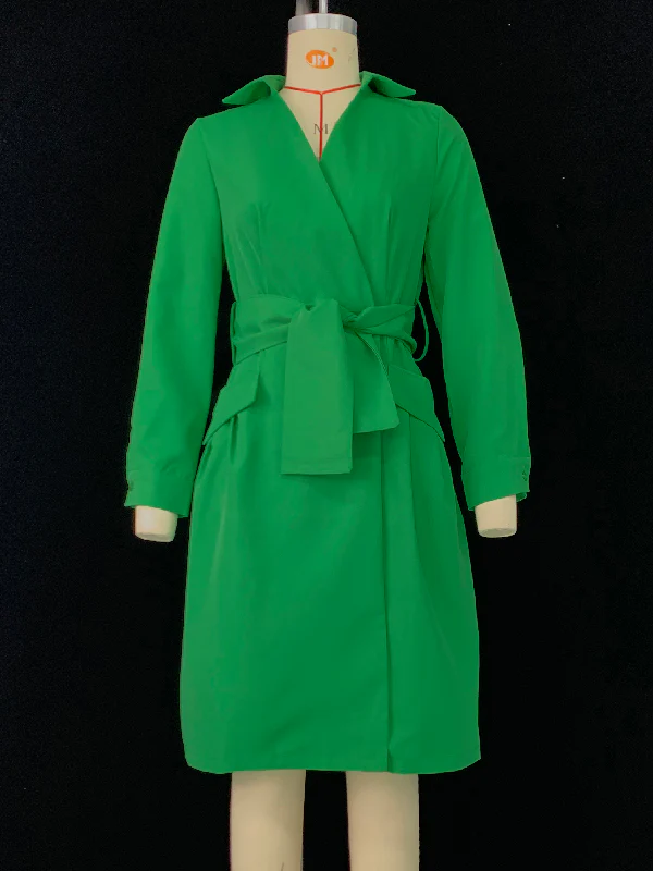 Long Sleeves Solid Color Tied Waist Deep V-Neck Mini Dresses - Image 5