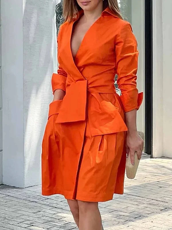 Long Sleeves Solid Color Tied Waist Deep V-Neck Mini Dresses - Image 8