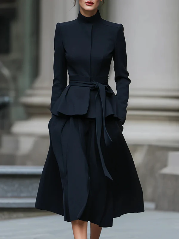 Long Sleeves Solid Color Tied Waist Mock Neck Outerwear - Image 2