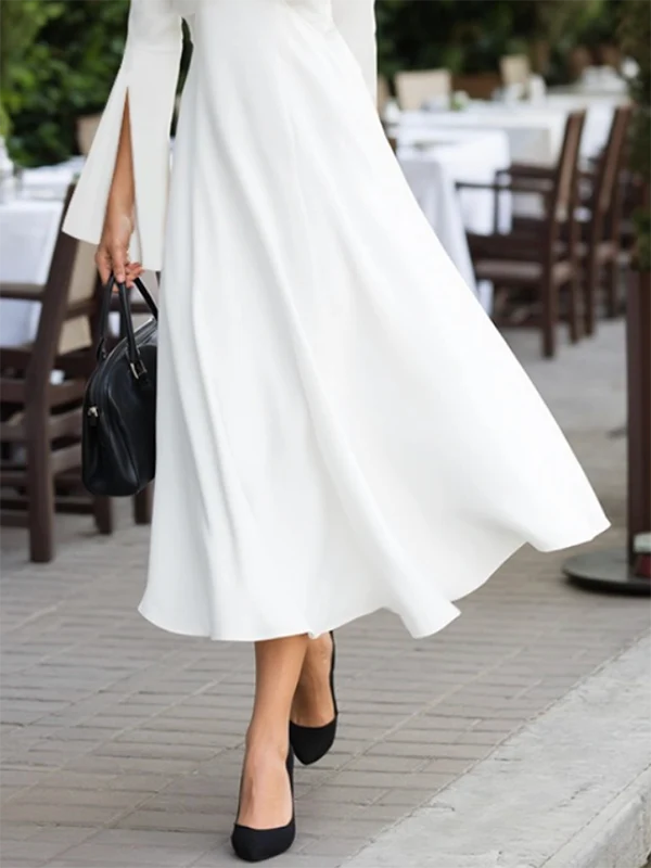 Long Sleeves Solid Color V-Neck Midi Dresses - Image 3