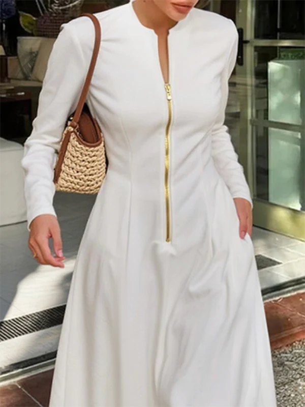 Long Sleeves Solid Color Zipper Round-Neck Maxi Dresses - Image 2