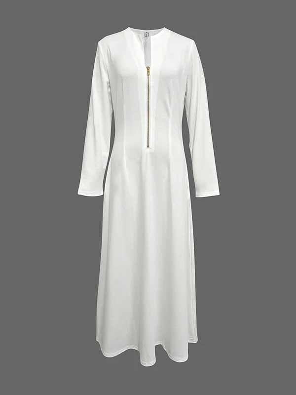Long Sleeves Solid Color Zipper Round-Neck Maxi Dresses - Image 4